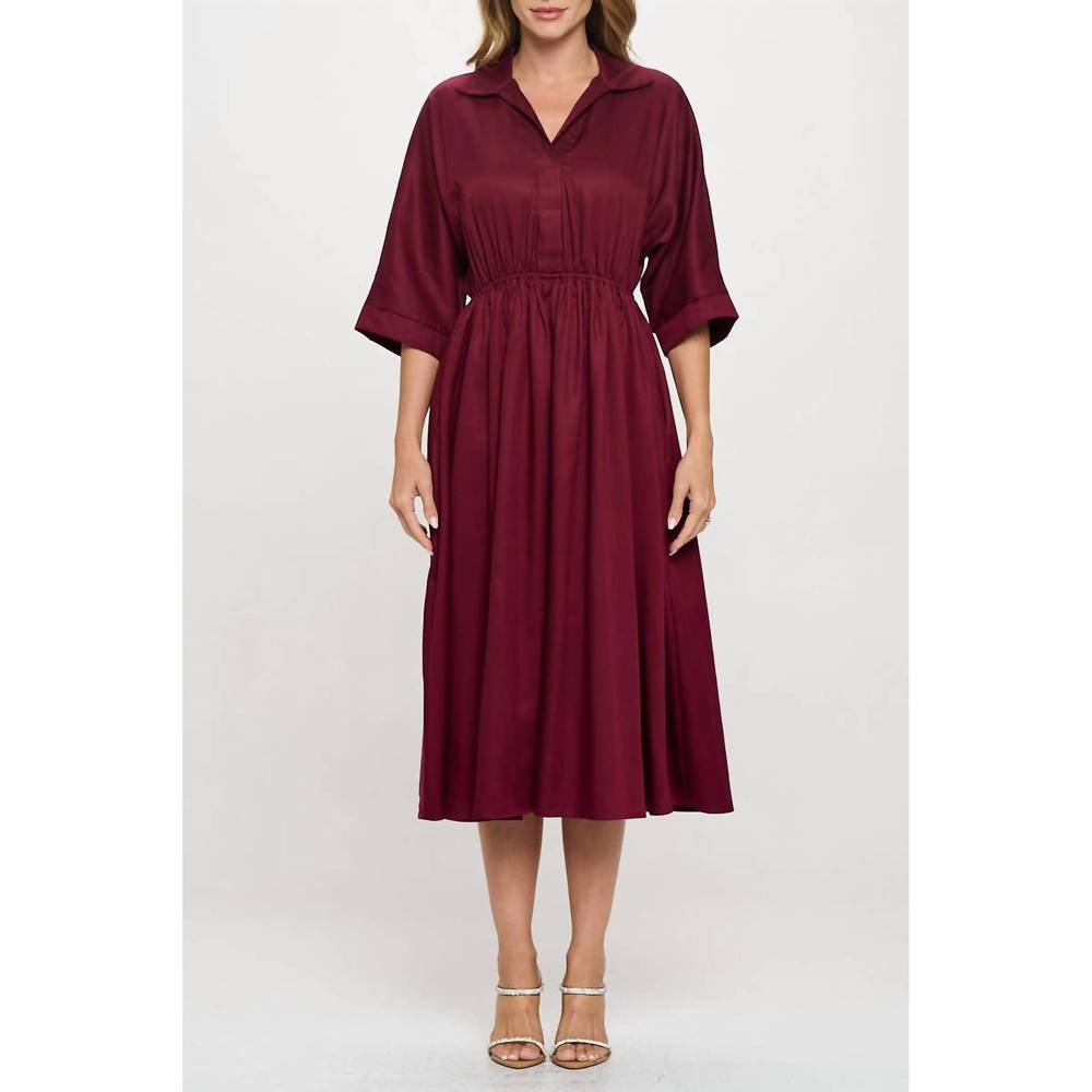 NEW RENEEC. collared v neck midi dress with pockets in burgundy